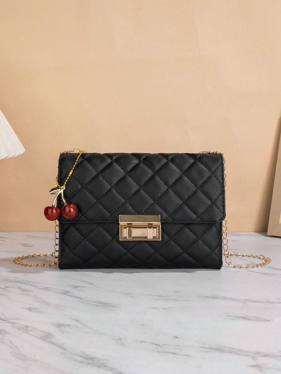 Fashionable Versatile Embroidered Chain Small Square Bag With Cherry Pendant Crossbody Bag - Black - View 1