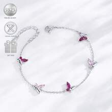 1 chiếc vòng tay hình bướm bằng bạc 925 đính đá Zirconia, kiểu dáng thời trang, tối giản, thanh lịch, phù hợp cho phụ nữ đeo hàng ngày, tham dự lễ hội âm nhạc, đám cưới và du lịch. - Hồng - Xem 3