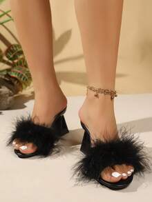 2026 New Lace Vamp Fluffy Decor High Heels, Hollow Heels, Comfortable Breathable High Heels Suitable For All Occasions - Black - View 5