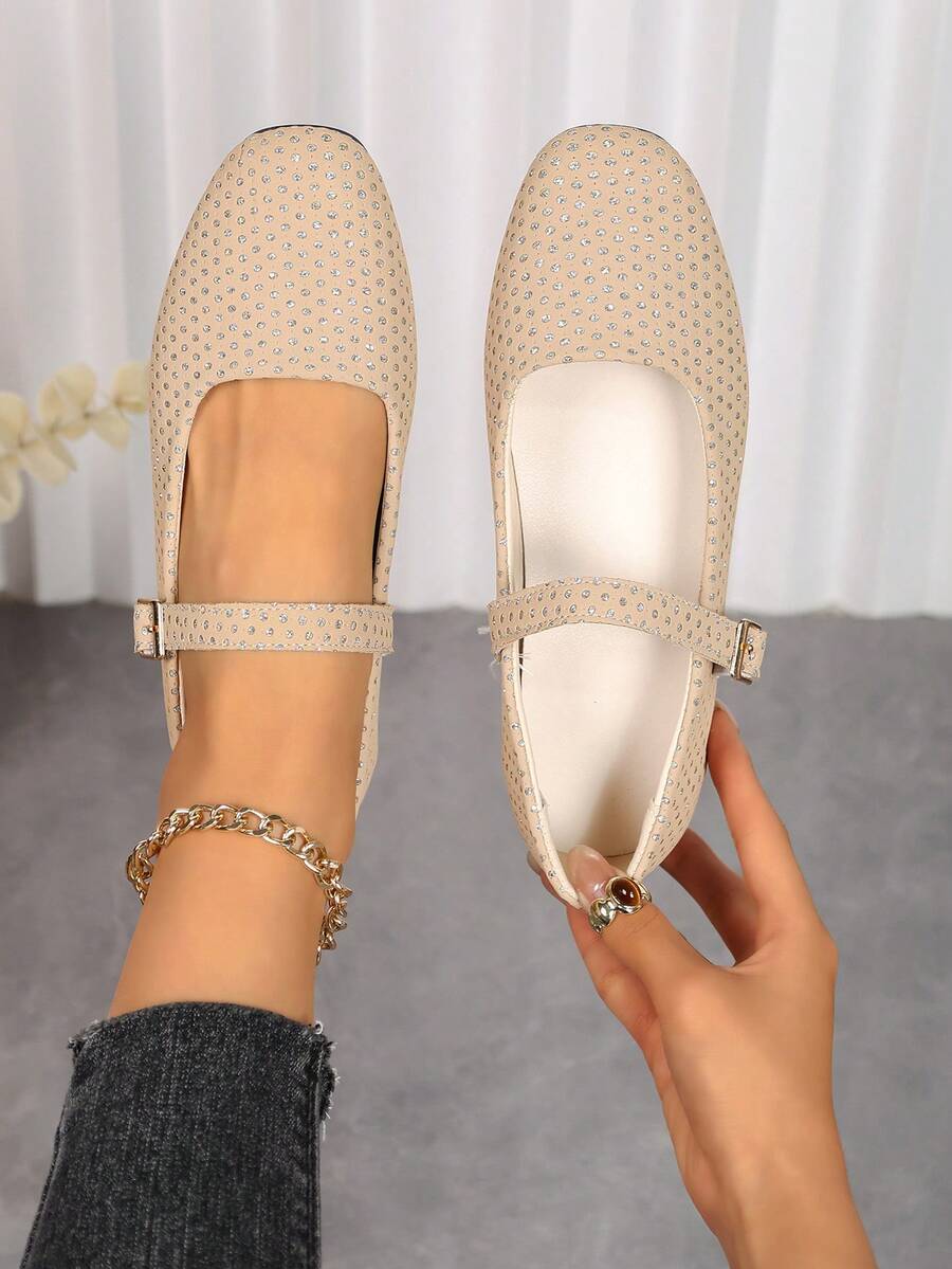 Sapatilhas Boneca Femininas com Aplicação de Strass, Sapatilhas Quadradas com Fivela, Calçado Casual de Sola Macia para Uso Diário e Escritório - Caqui - Visão 1