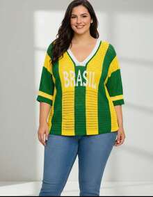 Brazil Women's Plus Size V-Neck Knit Blouse, Sizes M To XL, Brazilian National Team Style - 黃色 - 查看 2