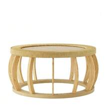 Vintage Round Coffee Table Made Of Rattan And Solid Wood, Boho Style Side Table With Curved Legs For Dining Room, Kitchen And Living Room, Natural Color. - Warna alami - View 5