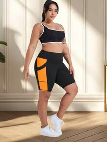 Women's Plus Size Spring/Summer New High Waist Butt Lifting Fitness Shorts, Cycling Shorts, Sports Tight Shorts, High Waist Yoga Shorts, Contrast Color Design, With Pockets, Suitable For Sports, Running, Fitness And Various Occasions - Orange - View 7