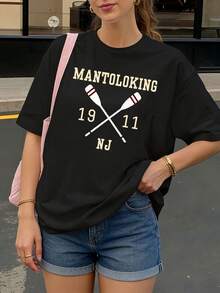 Camiseta negra con estampado de remos y texto Mantoloking 1911 NJ para mujer estilo casual - Negro - Ver 1