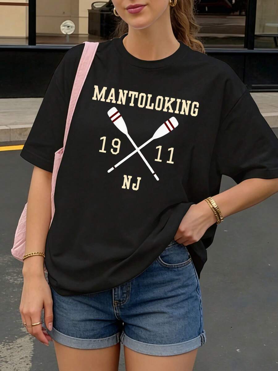 Camiseta negra con estampado de remos y texto Mantoloking 1911 NJ para mujer estilo casual - Negro - Ver 1