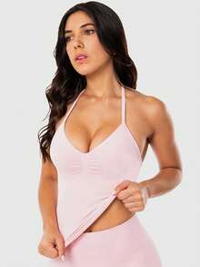 女士瑜伽背心，内置衬垫胸罩，健身房运动衫 - 粉色 - 查看 1