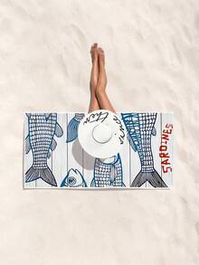 1件卡通水彩海洋鱼图案沙滩巾，条纹沙丁鱼轻便浴巾，适合海滩沐浴、泳池派对、个性化海滩礼物、夏季海滩派对、夏季氛围、海滩艺术、度假礼物、旅行、露营、背包旅行和假期。 - 淺灰色 - 查看 1