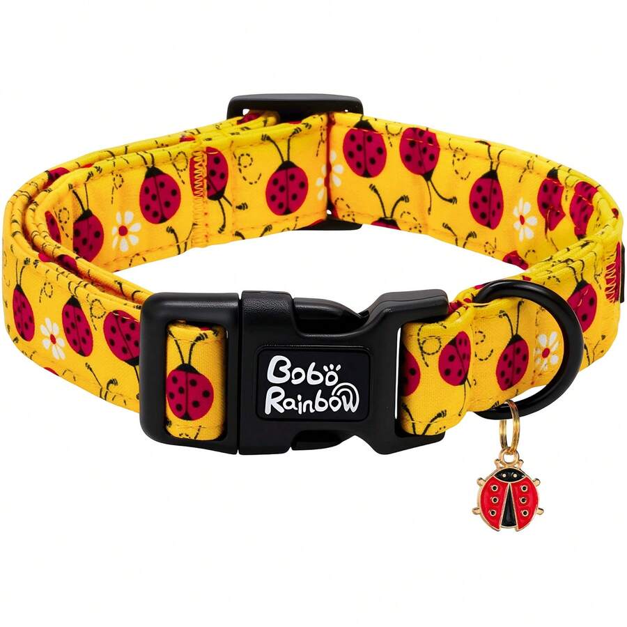 Collar de perro arcoíris Bobo con estampado de mariquita de primavera, collar ajustable para mascotas con colgante y hebilla de plástico de liberación rápida para perros - Amarillo - Ver 1