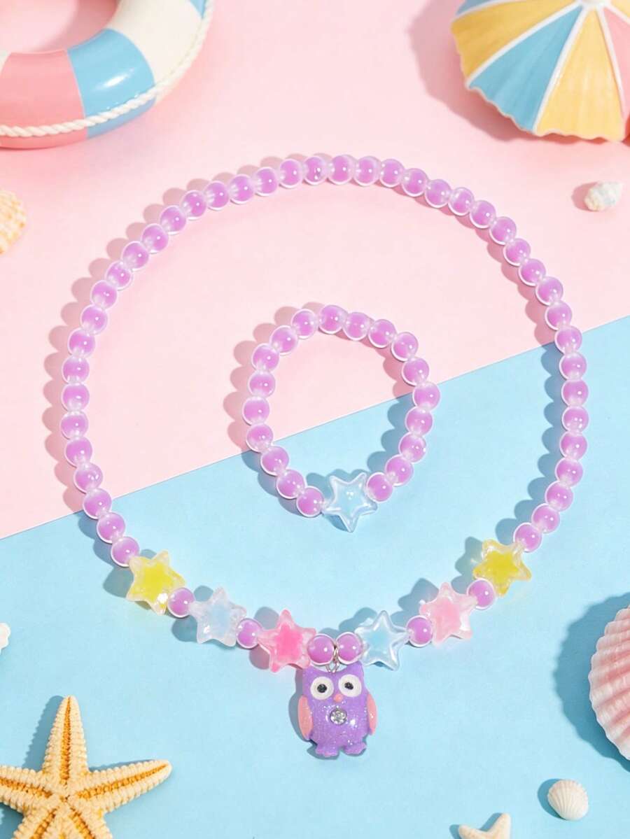 2pcs/Set Cute Flamingo Pendant Beaded Necklace & Bracelet Jewelry Set, Suitable For Girls Daily, Beach Vacation Casual Style, Party Gift - one-size - View 1