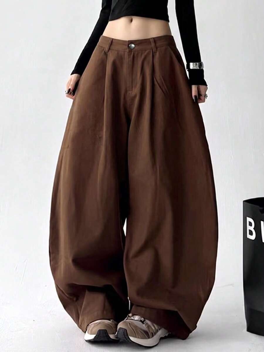 Women's Polyester Straight Leg Pants, Non-Stretch, Solid Color, Loose Casual Trousers Spring - Coffee Brown - View 1