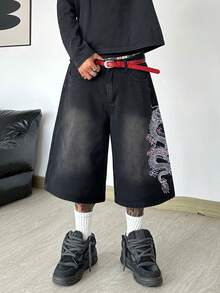 Hearty Haven 1件裝美式街頭風刺繡舒適寬鬆牛仔短褲 中長款休閒寬腿褲 男款，街頭穿搭學院風 - 不含腰帶與配件 - 黑色 - 查看 7