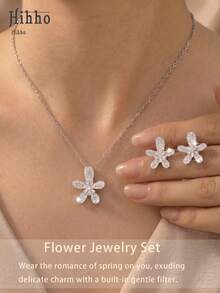Hihho 3pcs/Set Spring Romantic Cubic Zirconia 5-Petal Flower Jewelry Set: Necklace + Earrings, Floral Design Elegant And Versatile For Daily, Dating, And Gathering Occasions - Five-petal Flower - View 7