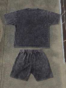 Hemo 男士街头风印花T恤短裤套装，弹力水洗黑色休闲日常两件套，夏季 - 黑色 - 查看 6