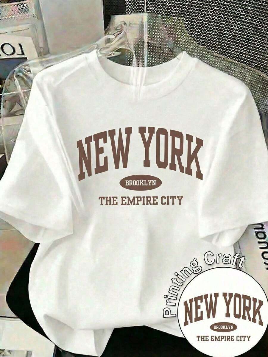 Nueva camiseta de manga corta con cuello redondo para mujeres, diseño primavera-verano, con impresión sencilla de las letras NEY YORK y combinación perfecta, transpirable y absorbe la sudor. Envío directo desde nuestro almacén local, modelo para parejas, ideal para llevar en pareja.-Vintage Street Style Unisex Loose Cotton Short Sleeve Crew Neck T-Shirt - Blanco - Ver 1