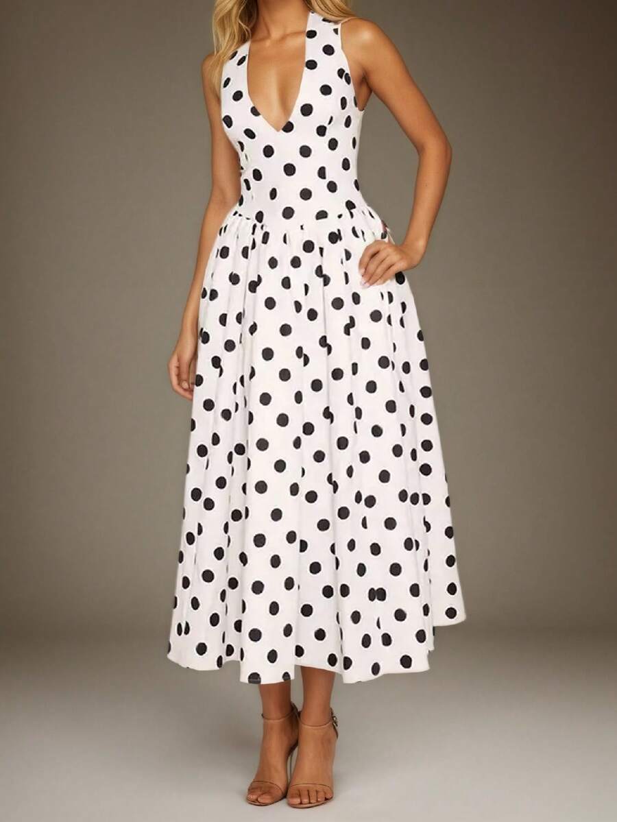一件装 - 畅销款波点领连衣裙。深V无袖修身连衣裙，裙摆宽大。法式风格显瘦夏季派对连衣裙。 - 彩色 - 查看 1