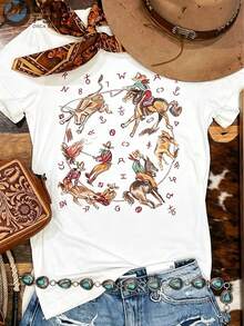 Western-Style Country Shirt Denim T-Shirt, Vintage Graphic T-Shirt, Comfortable Shirt, Cotton T-Shirt With Retro Print Pattern, Short Round-Neck Inspired Shirt For Girls, Cute Aesthetic Y2K Style Summer Top, Suitable For Outdoor, Home, Work, Or Street Casual Wear - Vacation Outfits Women - 白色 - 查看 1