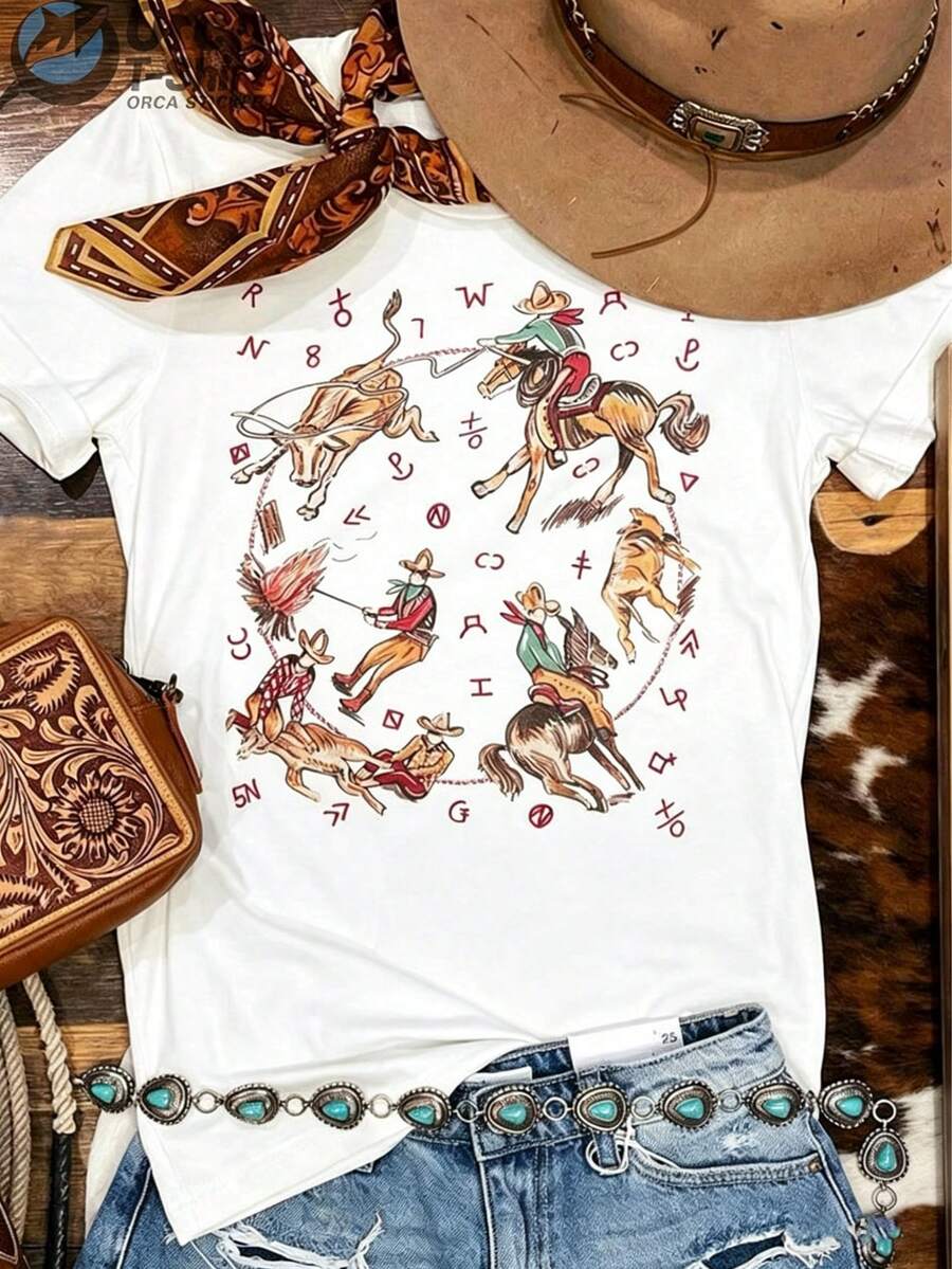 Western-Style Country Shirt Denim T-Shirt, Vintage Graphic T-Shirt, Comfortable Shirt, Cotton T-Shirt With Retro Print Pattern, Short Round-Neck Inspired Shirt For Girls, Cute Aesthetic Y2K Style Summer Top, Suitable For Outdoor, Home, Work, Or Street Casual Wear - Vacation Outfits Women - 白色 - 查看 1