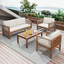 Lounge Set, Garden Furniture Set, With Comfortable Cushions, Seating Group, Patio Furniture Set, Double Sofa, 2 Armchairs And Table, Outdoor, Table And Chairs, Rattan Look, Acacia, Beige - Beige - View 4