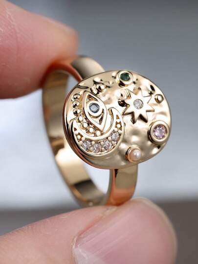 Vanel 1piece Elegant Golden Evil Eye & Star Ring With Multi-Color Cubic Zirconia & Faux Pearl, Statement Fashion Jewelry For Daily Wear