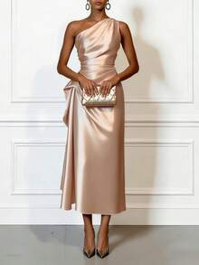 Elegant Spring/Summer Satin Off Shoulder Mid-Length Party Dress, Women's Solid Color Pleated Formal Gown For Wedding Guest, Mother's Day - Champagne - View 7