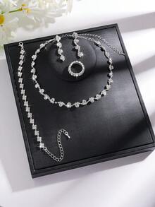 Bộ 4 món: Dây chuyền đính đá, bông tai, vòng tay hình học, 2 chiếc nhẫn co giãn, quà tặng đám cưới, tiệc tùng, ngày lễ. - Bạc - Xem 2