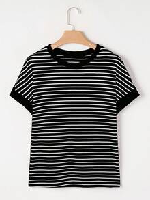 Acelitt Striped Contrast Color Short Sleeve Knit Casual Crew Neck T-Shirt, Summer Black - Black - View 4