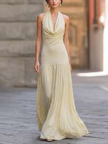 Women's Elegant Vacation Loose Shoulder Tie Waist Chiffon Backless Maxi Dress, Suitable For Beach Summer - Yellow - View 4