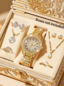 Bộ trang sức và đồng hồ nữ 9 món đính đá Zirconia & Rhinestone, bao gồm 2 vòng tay, 2 dây chuyền, 2 nhẫn, 4 bông tai và 1 dây đeo đồng hồ mạ vàng, thích hợp để đeo hàng ngày. - Vàng - Xem 1