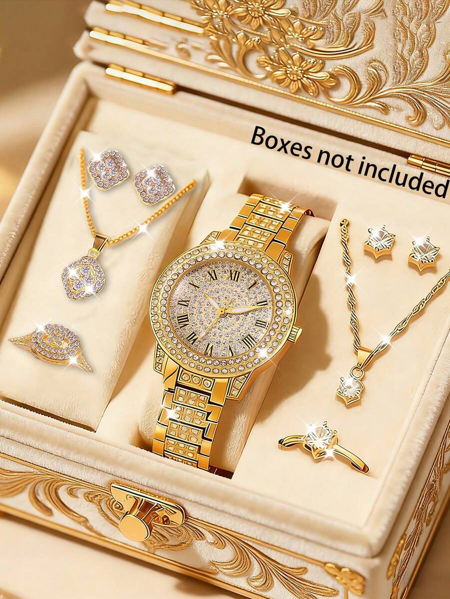 Bộ trang sức và đồng hồ nữ 9 món đính đá Zirconia & Rhinestone, bao gồm 2 vòng tay, 2 dây chuyền, 2 nhẫn, 4 bông tai và 1 dây đeo đồng hồ mạ vàng, thích hợp để đeo hàng ngày. - Vàng - Xem 1