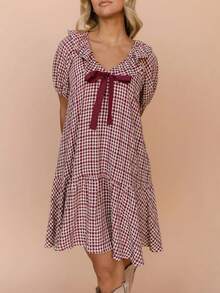 Women Plaid Babydoll Mini Dress Gingham Short Sleeve V Neck Bow Swing Dress Loose Summer Dress For Casual Daily Dating Streetwear - 紅色 - 查看 4
