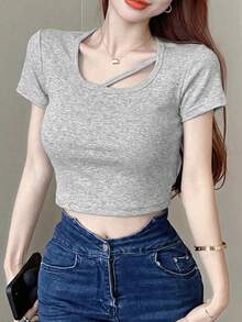 Kaos Wanita Pendek dengan Tali Pita Warna Kontras, Kasual Musim Panas - Grey - View 6