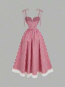 MOD Red & White Plaid Romantic Cute Countryside Style Midi Dress,Beach Dress,Vacation, Valentine's Day Dress,Floral Dress,Spring/Summe, Party , Holiday Outfits, Birthday,Festival,Wedding,Tea Party Dress Gingham Dress Cottagecore Dress Picnic Dress Red Gingham Dress, Red Checked Dress, Garden Party Dress - 紅白色 - 查看 3
