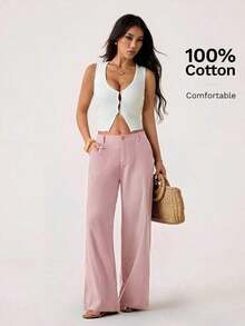 PETITE Pantalones rectos de cintura baja de 100% algodón lavado, pantalones de lino para mujer, pantalones de verano, pantalones anchos de mujer, pantalones de verano, otoño y ropa de otoño para mujer - Rosa vieja - Ver 5