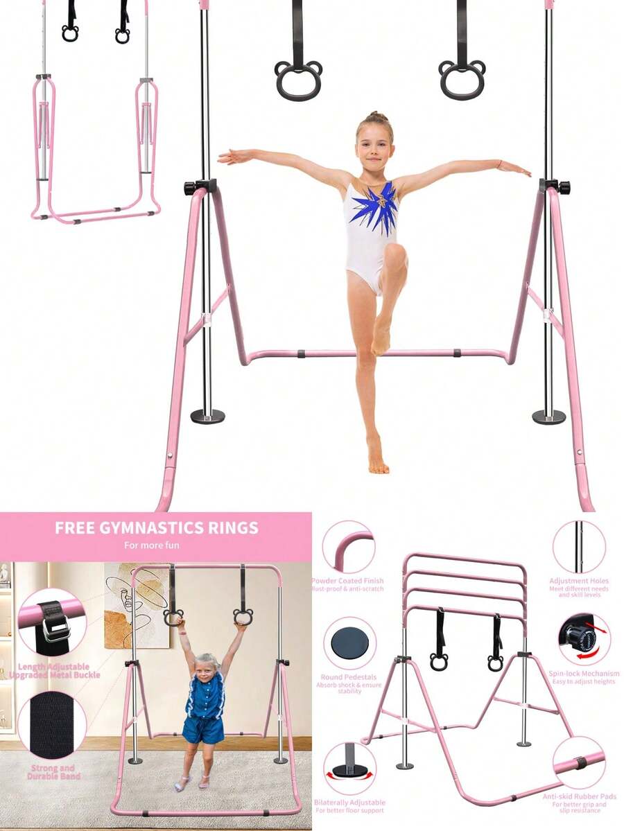 Adjustable Height Horizontal Gymnastic Bar For Children Multiple Sizes Available Steel Cons - Pink + Steel - View 1