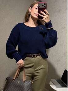 Women's Plain Basic Long-Sleeved Knit Blouse For Winter - Olive Green - View 3