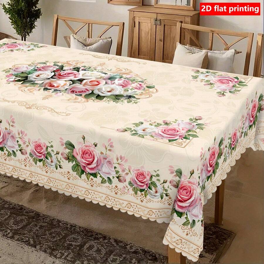 1pc Rectangular/Oval/Round Vintage Rose Print Tablecloth, Floral Lace Trim Polyester Fabric, Home Decor, Wedding Decorations, Table Cloth - Multicolor - View 1