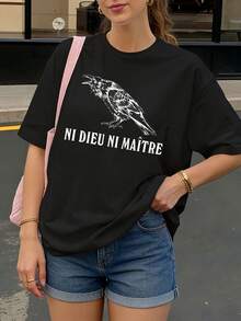 Camiseta Negra con Estampado de Cuervo y Texto Ni Dieu Ni Maitre para Uso Diario - Negro - Ver 1