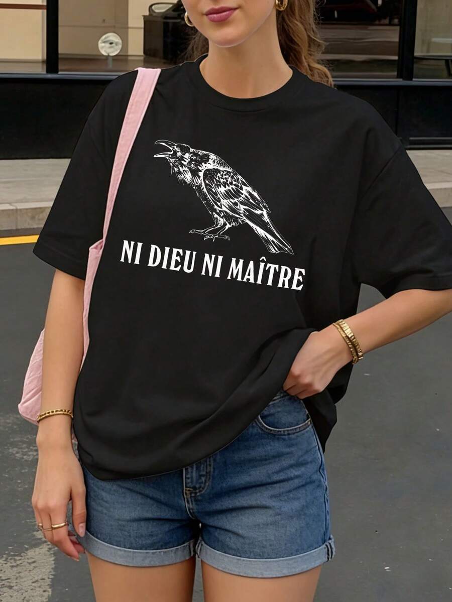 Camiseta Negra con Estampado de Cuervo y Texto Ni Dieu Ni Maitre para Uso Diario - Negro - Ver 1