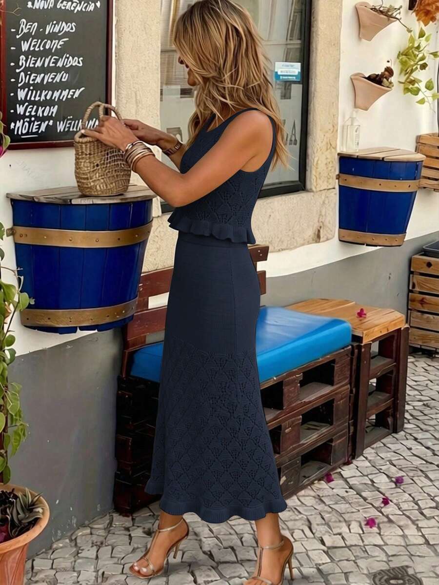 女士优雅复古两件套纯色镂空吊带背心搭配中长裙，夏季海滩度假装 - 寶藍色 - 查看 1