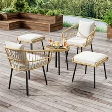5-Piece Garden Lounge Set, Consisting Of 1 Dining Table, 2 Chairs, 2 Stools, Furniture, Rattan, Natural - 白色+自然色 - 查看 1