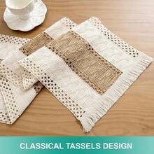 1pc Luxury Elegant Premium Cotton Linen Rustic Boho Embroidered Tassel Decorative Dining Table Runner For Home - Beige - View 7