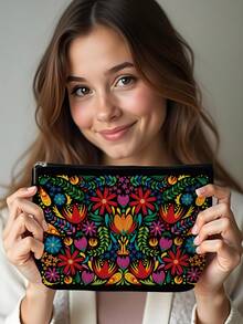 1 pieza Bolsa de maquillaje con patrón de flor de dalia mexicana, bolsa cosmética plegable de gran capacidad y peso ligero, multifuncional, duradera y con cremallera, adecuada para uso diario y viajes, regalo compacto y elegante - Multicolor - Ver 11