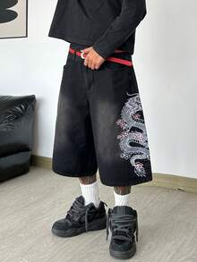 Hearty Haven 1件裝美式街頭風刺繡舒適寬鬆牛仔短褲 中長款休閒寬腿褲 男款，街頭穿搭學院風 - 不含腰帶與配件 - 黑色 - 查看 1