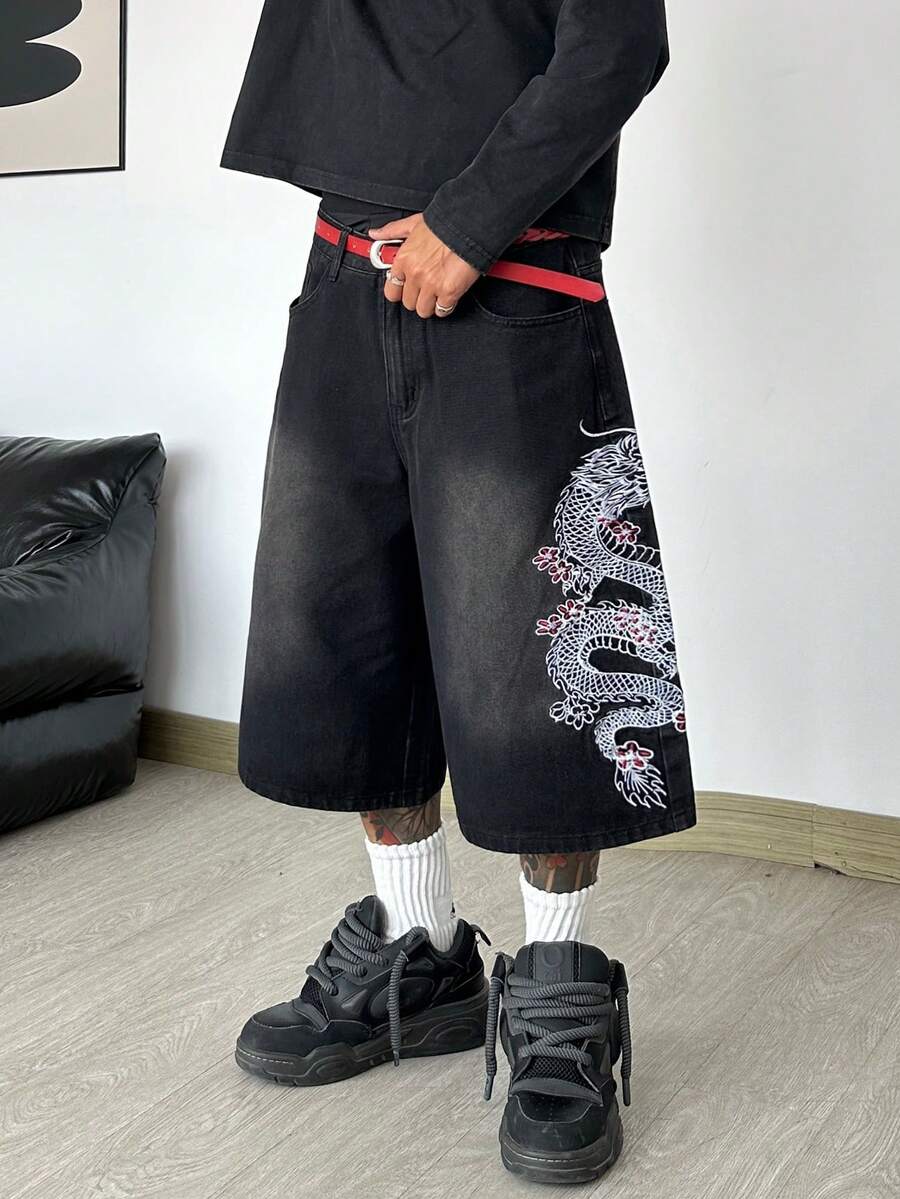 Hearty Haven 1件裝美式街頭風刺繡舒適寬鬆牛仔短褲 中長款休閒寬腿褲 男款,街頭穿搭學院風 - 不含腰帶與配件 - 黑色 - 查看 1