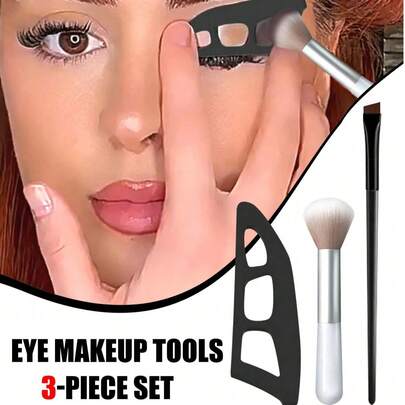 3pcs Eye Makeup Tool Set - 2 Professional Eyeshadow Brushes, Eyeshadow Applicator, Eyeshadow Stamp Template, Quick Makeup Template, Eyeshadow Mold, Eye Makeup Tools, Suitable For Beginners As Eye Makeup Assistant, Easily Create Professional Makeup, Convenient Makeup Anytime, Anywhere