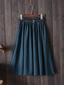 Falda Midi hasta la rodilla de verano para mujer con cinturón, falda escolar plisada de cintura alta coreana a la moda para mujer - verde - Ver 4