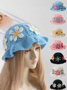 1顶女士时尚Y2K手工钩编3D向日葵渔夫帽，适合秋冬季日常佩戴 - 彩色 - 查看 2
