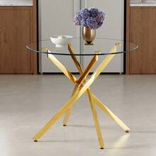 A Luxurious Yet Lightweight Round Dining Table, 88 Cm In Diameter. A Simple Table With A Tempered Glass Top And Silver Metal Frame, Ideal For Small Apartments, Homes, And Dining Rooms. Seats 2-4 People. - 金色 - 查看 4