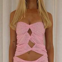 Vestido Maxi Brillante de Malla sin Tirantes con Recortes Y2K - Vestido Ajustado con Aberturas Transparentes y Fruncido para Fiesta - Rosa - Ver 2