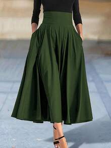 Novedad en vestidos, faldas acampanadas de Color sólido para mujer, ropa, Falda larga de cintura alta elástica para mujer con lazo, faldas elegantes para mujer - verde - Ver 4